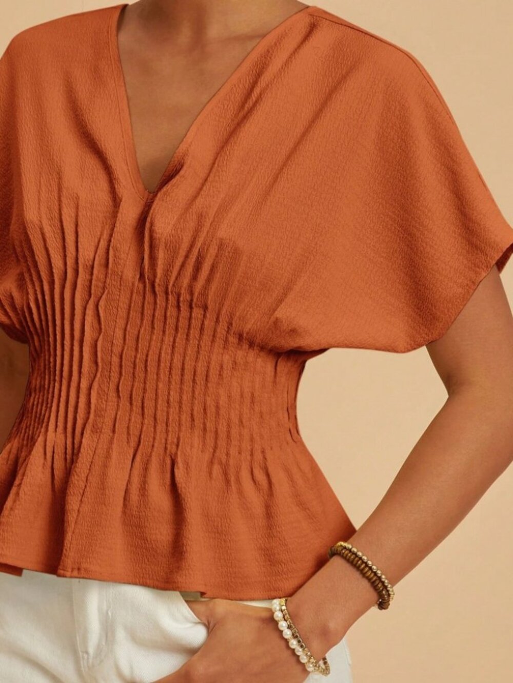 Rust Orange V-Neck Smocked Peplum Top